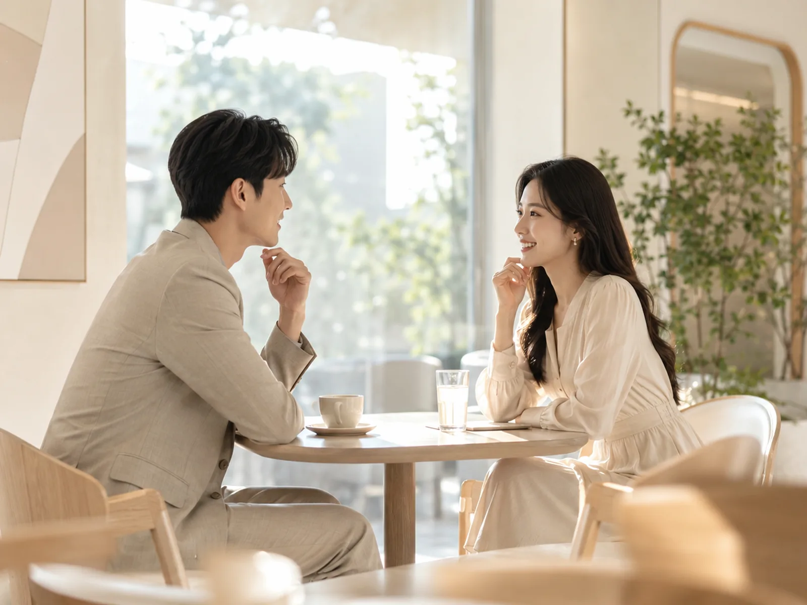 창가 테이블에서 차분하게 대화를 나누는 두 사람