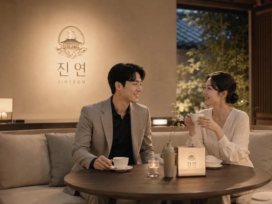 따뜻한 조명 아래 테이블에서 이야기를 나누는 두 사람